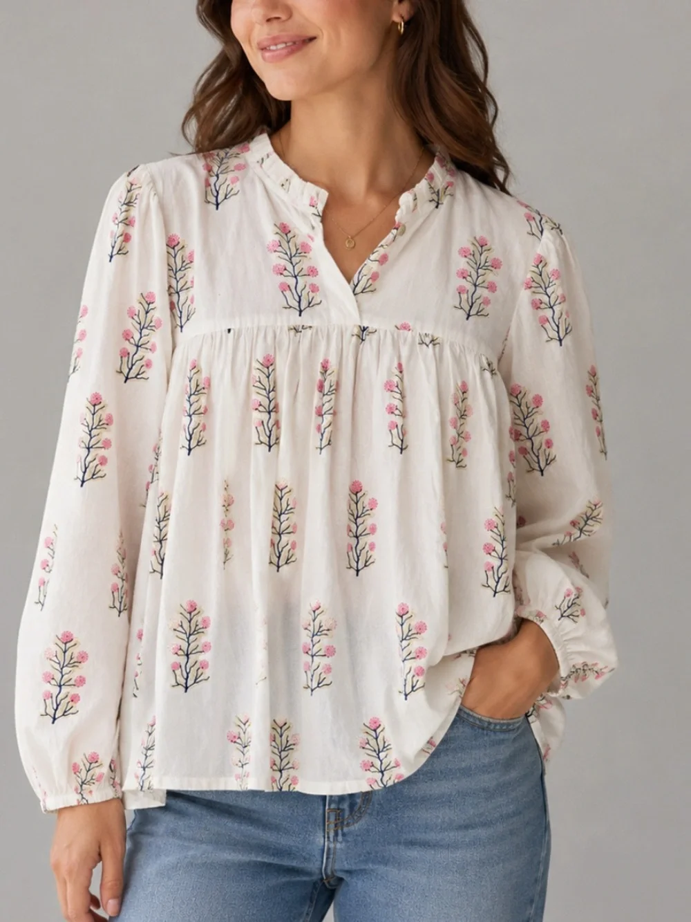 NEW Joshi Karina Pink Floral Print Peasant Blouse Boho Long Sleeve Top XS